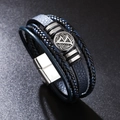 Bracelet multicouche en cuir tressé bleu-noir pour homme avec boussole argentée - 21.5cm / Bleu