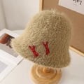 Sombrero de pescador de felpa caqui con lazos rojos de lunares para mujer otoño invierno - M (56-58cm) / Caqui (Estilo Lazo)