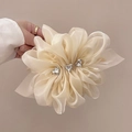Elegant ivory chiffon floral hair claw clip featuring three heart-shaped rhinestones - Mesh Heart Rhinestone / Off White
