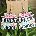 Detail showing wooden earrings with Happy First Day of School print on display card - Happy FIRST DAY-Ear Hook
