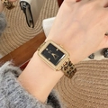 Women's gold square quartz watch with a starry black dial and leopard print metal strap - Starry Black Dial Square Rhinestone Leopard Style (13766 Leopard Black)