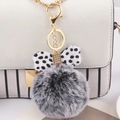 Gray faux rabbit fur pom pom keychain with polka dot bow and crystal accent on bag - Black White Frost - Leopard Bow