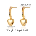 Detail view showing dimensions of heart dangle earrings with colorful crystal pavé hooks - Colored Rhinestone Row Heart Drop Earrings (KE1160) / 18K Gold
