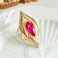 Golden olive-shaped ring featuring a large rose red marquise zircon on an ornate white tray - One Size / Gold Feather Style with Rose Red Stone (R0565-02)