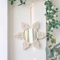 Handmade macrame flower mirror in beige cotton, bohemian wall decor for home entrance - Flower Style