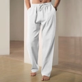 Men's casual white loose-fit trousers with drawstring waist and breathable cotton-linen texture - M / White