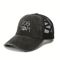 Distressed washed black mesh baseball cap with DOG MOM embroidery and paw print - One Size / Black