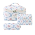 3-piece quilted cotton makeup bag set with blue bows and pink roses on white background - Blue Diamond-shaped Butterfly