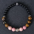 Natural agate tiger eye and pink quartz beaded bracelet with brown crystal bead charm - Obsidian, Tiger's Eye & Rhodonite (Style 9)