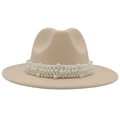 Close-up of elegant beige fedora with wide brim and decorative white pearl band - Beige (Large Pearl)