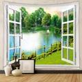 Detail of 3D window view wall tapestry with scenic lake and forest nature landscape - Serene Lake Forest (GT805-6) - Brushed Fabric / 73X95CM