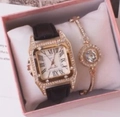 Elegante goldene quadratische Quarzuhr mit schwarzem Lederband und Sternarmband-Set - Braun Set 2