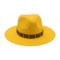 Chapeau de soleil en paille jaune vif avec ruban en cuir marron et rivets métalliques - Taille unique / Chapeau de Paille Jaune (Bande en Cuir Café)