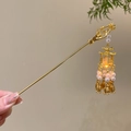 Elegant golden Chinese hair stick featuring a glowing lantern pendant and pearls - Palace Lantern Luminous Style (29#) / Gold