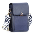 Dark blue pebble leather mini phone bag with geometric patterned wide strap and gold hardware - Dark Blue (Black Edge)