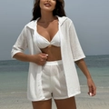 Three-piece white knit beach set with bikini top, sheer mesh shirt, and high waist shorts - L / White