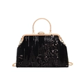 Sparkly black sequin evening bag with gold metal handle and rhinestone clasp detail - Black
