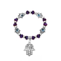 Dieppaarse kristallen kralenarmband met zilveren Hand van Fatima en boze oog - Antiek Zilver (M-744)
