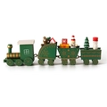 Detail of wooden mini train ornament with bear and snowman figures on white background - Green