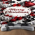 Detail showing Merry Christmas wall tapestry with red bows and silver pinecones on fabric - 300x230cm / Merry Christmas Stripes Dots