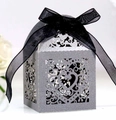 Silver glitter heart-shaped candy box with hollow patterns and a black organza ribbon bow - Silver Charcoal