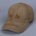 Detail of Good Life embroidery on brown washed denim baseball cap with vintage finish - M (56-58cm) / Camel