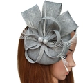 Elegant grey-blue mesh fascinator hat with feathers for wedding and party events - Gray
