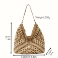 Front view of hollow straw woven bag with contrast color and detailed size measurements - Brown
