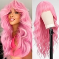 Detail view of pink long wavy wig with bangs on model and white mannequin stand - Red Pink