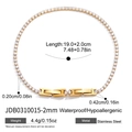 Tabla de tallas detallada que muestra longitud, peso y materiales de la pulsera de tenis - Dorado (2mm)