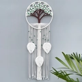 Decorazione da parete Albero della Vita intrecciata con foglie verdi e nappe bianche - Stile Foglia Albero della Vita