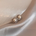 Elegant French-style stud earrings featuring white round pearls with zircon borders - 925 Sterling Silver Earring Post - Round Pearl Zircon Halo Studs