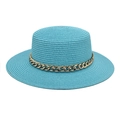 Chapeau de paille bleu pour femme avec chaîne dorée et protection solaire élégante - Bleu lac