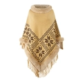 Camel knit poncho with faux fur trim, snowflake pattern, and fringe tassels - Light Khaki