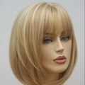 Short blonde bob wig with straight hair and neat bangs for women, professional model view - Mixed Gold Bob Cut