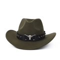 Chapeau de cowboy en feutre vert olive avec bande en cuir cloutée et logo tête de taureau - Vert armée (Bande en cuir noir)