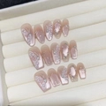 Exquisite 15pcs long coffin press-on nails with cat-eye effect, pearls and 3D butterfly art - Extra Small (XS) / Middle Almond Shape (2044)
