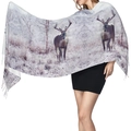 Winter pashmina shawl with reindeer pattern and fringe edges on female model - White - Snow Deer Pattern