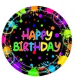 Neon 9-inch disposable party plate with Happy Birthday text and colorful splatters - Large Paper Plates