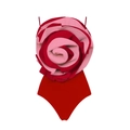 Detail of 3D rose flower embellishment on a red and pink contrast one-piece swimsuit - S / Red One-Piece