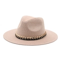 Detail of Panama hat with golden metal chain and black leather band on straw texture - Adjustable / Water Pink