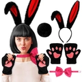 Bunny costume set with rabbit ears headband, cuffs and tail for Easter party cosplay - 4-Piece Set (Headband+Gloves+Bowtie+Tail) / Black and Red Bunny Ear 4-Piece Set