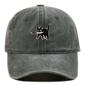 Close-up of vintage washed gray dad hat featuring a black cat with knife embroidery detail - Adjustable / Army Green