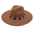 Brown wide brim wool felt fedora with studded black leather band and metal rivets - Khaki