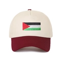 Close-up of the Palestine flag embroidery on a two-tone beige and maroon baseball cap - Beige/Wine Red
