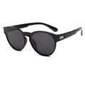 Classic black cat-eye polarized sunglasses with silver metal temple accents on white background - Glossy Black / Grey Lens