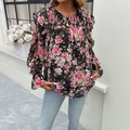 Blouse en mousseline noire à fleurs roses, volants et poignets élastiques pour femme - S / Noir