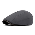 Classic dark grey cotton linen flat cap with vintage brown leather brim for men and women - Dark Gray
