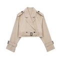 Trench corto beige classico con cintura, colletto a revers e spalline alla moda - Kaki