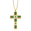 Hip hop cross necklace in gold with green rectangle stones and white zircon accents - Green
